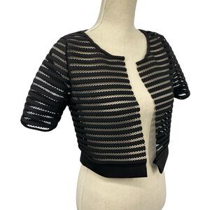 K TOO USA Womens Bolero Top size Small Black Sheer Mesh Stripe Short Sleeve Crop